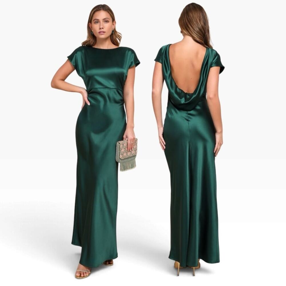 Lulus Captivating Presence Forest Green Satin Cowl Back Maxi Dress size L NWT